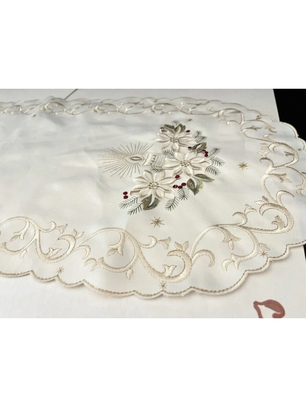 Vintage Table Runner Embroidered With Beautiful Gold Thread Candle Flower 34x14